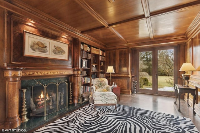 475 Red Fox Ln, Lake Forest, IL 60045 - living area with a wooden ceiling with exposed beams, a fireplace, wooden walls, french doors, and wood finished floors