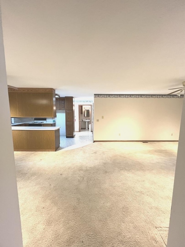 422 N 4th St, Cissna Park, IL 60924 - unfurnished living room featuring light colored carpet and ceiling fan