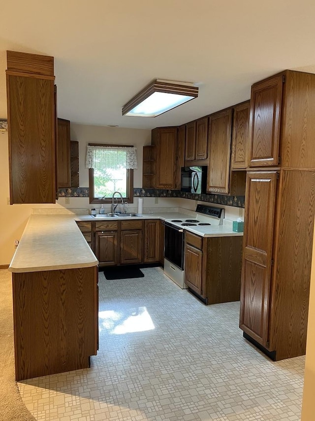 422 N 4th St, Cissna Park, IL 60924 - kitchen featuring white electric range oven, black microwave, and light countertops