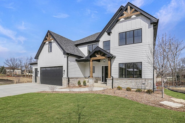 1104 Walter St, Lemont, IL 60439 - modern inspired farmhouse featuring stone siding, board and batten siding, a front lawn, concrete driveway, and a garage