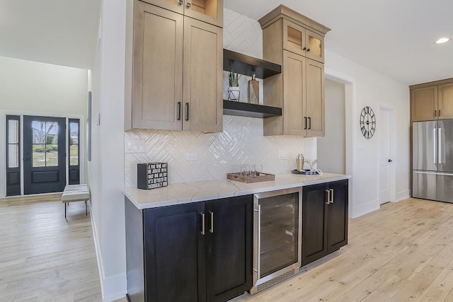 1104 Walter St, Lemont, IL 60439 - kitchen with freestanding refrigerator, beverage cooler, open shelves, tasteful backsplash, and light wood-style flooring
