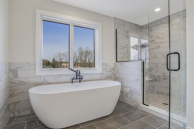 1104 Walter St, Lemont, IL 60439 - bathroom featuring tile walls, a shower stall, a soaking tub, marble finish floors, and recessed lighting