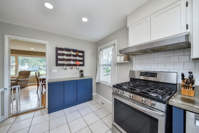 131 N Pierce Ave, Wheaton, IL 60187 - kitchen with stainless steel range with gas cooktop, blue cabinets, backsplash, white cabinets, and recessed lighting