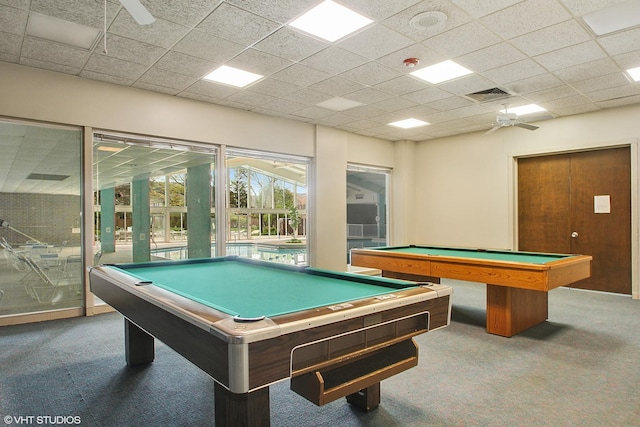 701 Forum Sq Unit 602, Glenview, IL 60025 - playroom featuring carpet, pool table, a drop ceiling, and a ceiling fan