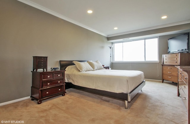 701 Forum Sq Unit 602, Glenview, IL 60025 - bedroom featuring ornamental molding, light carpet, and recessed lighting