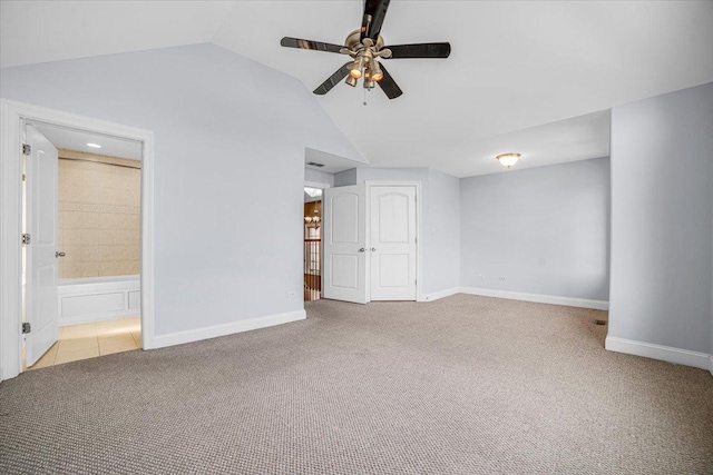 6825 W 64th Pl, Chicago, IL 60638 - unfurnished living room featuring ceiling fan, carpet flooring, and lofted ceiling