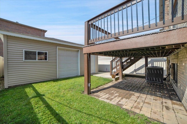 6825 W 64th Pl, Chicago, IL 60638 - view of green lawn with a patio area, stairway, a detached garage, and an outdoor structure