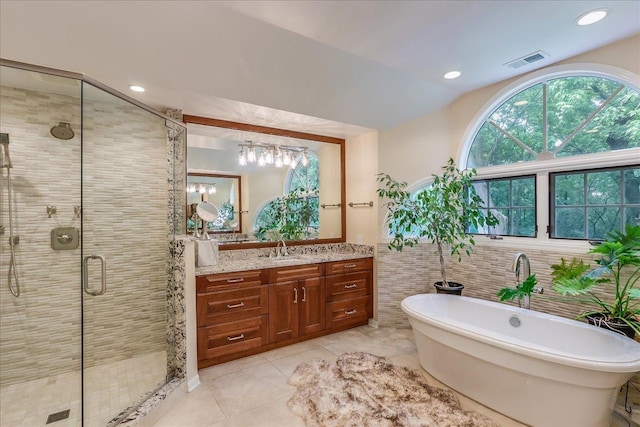 1490 S Ridge Rd, Lake Forest, IL 60045 - bathroom featuring a shower stall, vanity, a soaking tub, tile patterned floors, and recessed lighting