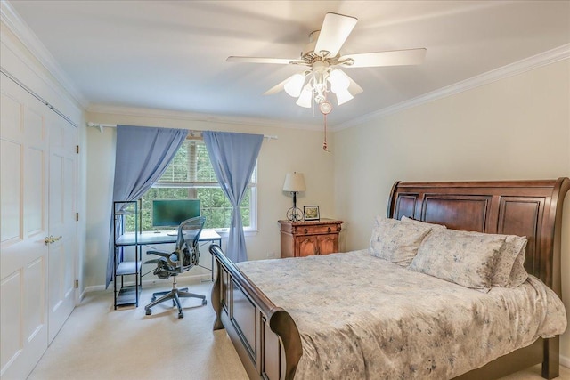 1490 S Ridge Rd, Lake Forest, IL 60045 - bedroom with light colored carpet, an office area, crown molding, a ceiling fan, and a closet