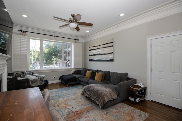 323 W Schiller St Unit 1W, Chicago, IL 60610 - living room with ceiling fan, wood finished floors, crown molding, a fireplace, and recessed lighting