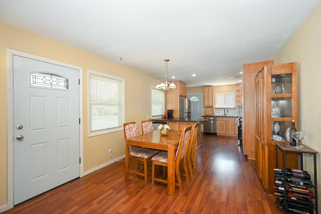 114 S Chestnut Dr, Streamwood, IL 60107 - dining space featuring dark wood-style floors, a chandelier, and recessed lighting