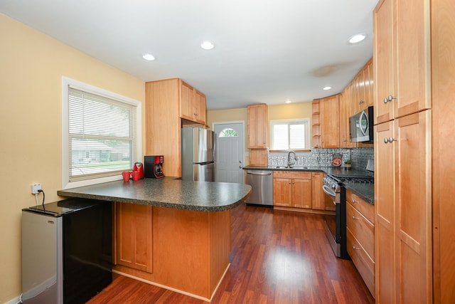 114 S Chestnut Dr, Streamwood, IL 60107 - kitchen with stainless steel appliances, dark countertops, a peninsula, decorative backsplash, and recessed lighting