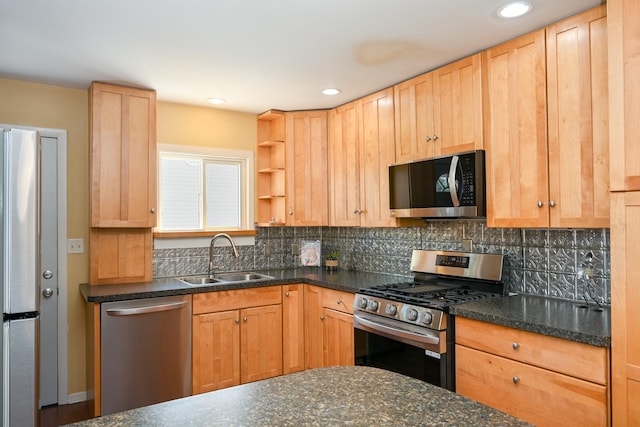 114 S Chestnut Dr, Streamwood, IL 60107 - kitchen with appliances with stainless steel finishes, backsplash, open shelves, recessed lighting, and light brown cabinetry