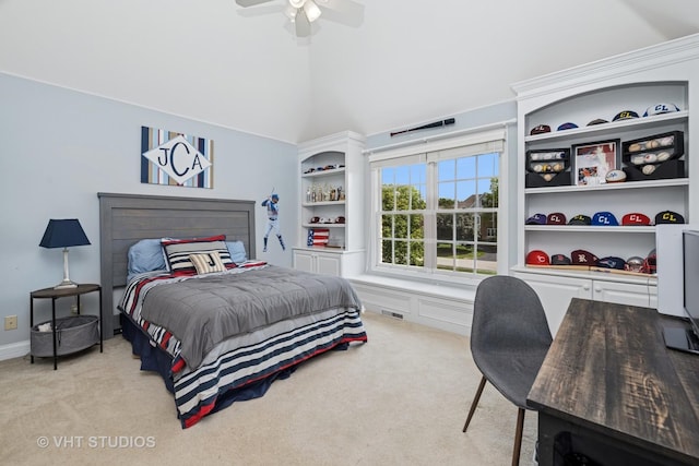 5609 Farmbrook Ln, Crystal Lake, IL 60014 - bedroom featuring light carpet, lofted ceiling, a ceiling fan, and an office area