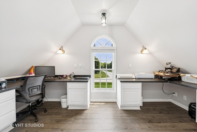 5609 Farmbrook Ln, Crystal Lake, IL 60014 - home office featuring built in study area, lofted ceiling, and dark wood-style flooring