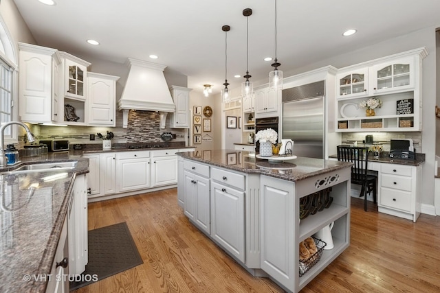 5609 Farmbrook Ln, Crystal Lake, IL 60014 - kitchen featuring open shelves, premium range hood, black appliances, backsplash, and recessed lighting