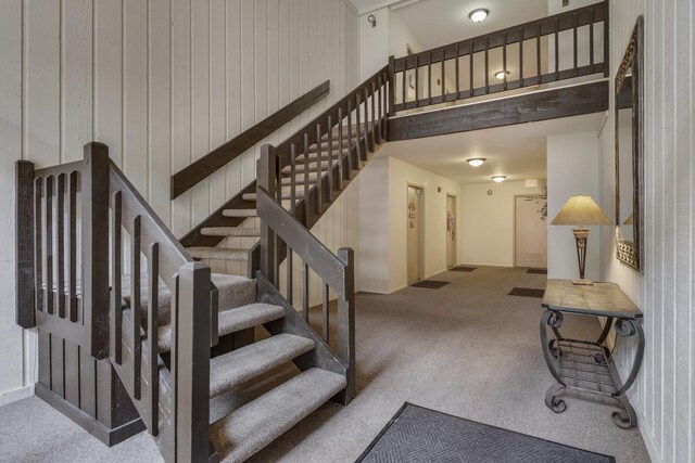 740 Saint Andrews Ln Unit 13, Crystal Lake, IL 60014 - stairs featuring carpet flooring and wood walls