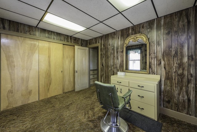 1128 Shiloh Blvd, Zion, IL 60099 - carpeted home office featuring a drop ceiling and wooden walls