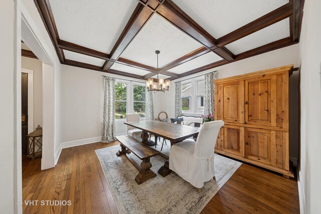 9606 S Vanderpoel Ave, Chicago, IL 60643 - dining room featuring a chandelier, coffered ceiling, dark wood-style floors, and beam ceiling