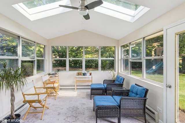 332 S Elmwood Ln, Palatine, IL 60067 - sunroom featuring a skylight, a baseboard heating unit, and lofted ceiling