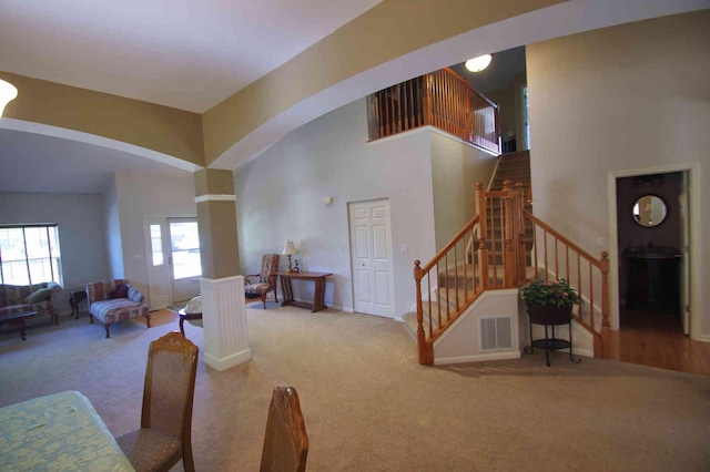 1437 Sage Dr, Bolingbrook, IL 60490 - dining space with carpet floors, stairway, and a high ceiling