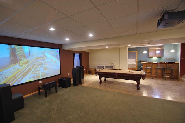 1437 Sage Dr, Bolingbrook, IL 60490 - cinema room featuring billiards, recessed lighting, a drop ceiling, bar area, and carpet flooring