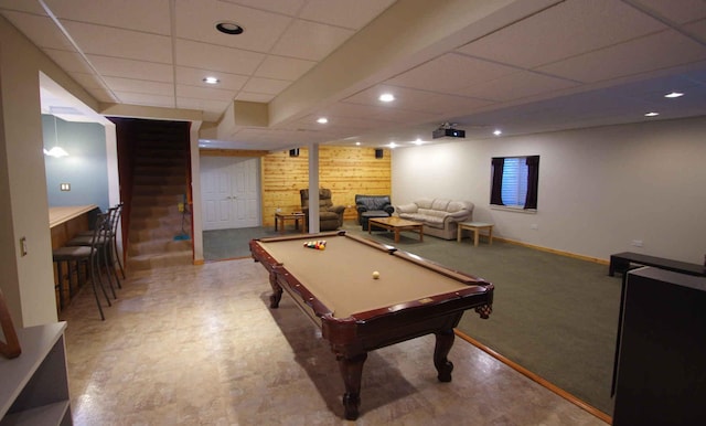 1437 Sage Dr, Bolingbrook, IL 60490 - playroom with a drop ceiling, pool table, wood walls, recessed lighting, and carpet floors