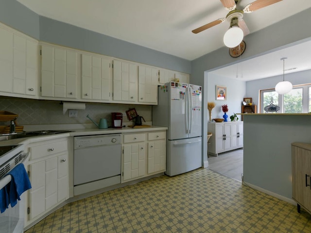 9395 Landings Ln Unit 406, Des Plaines, IL 60016 - kitchen featuring white appliances, light countertops, light flooring, and ceiling fan