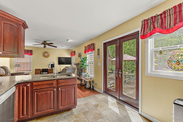 4091/2 Concord Ave, Fox River Grove, IL 60021 - kitchen featuring french doors, dishwasher, ceiling fan, and stone countertops