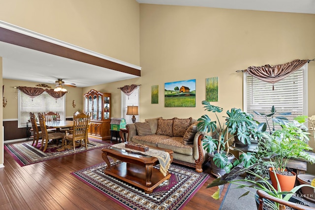 4091/2 Concord Ave, Fox River Grove, IL 60021 - living room featuring ceiling fan, a towering ceiling, and wood finished floors