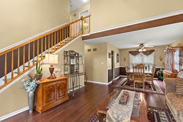 4091/2 Concord Ave, Fox River Grove, IL 60021 - living area featuring wood finished floors, stairs, ceiling fan, and a towering ceiling