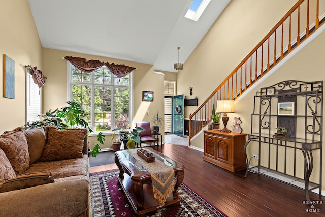 4091/2 Concord Ave, Fox River Grove, IL 60021 - living room with hardwood / wood-style flooring, stairs, a skylight, and high vaulted ceiling