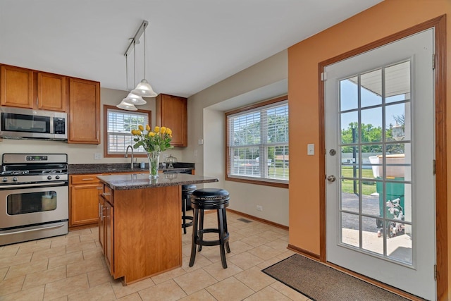 4218 Glenlo Dr, Plainfield, IL 60586 - kitchen featuring stainless steel appliances, plenty of natural light, a kitchen island, and brown cabinetry
