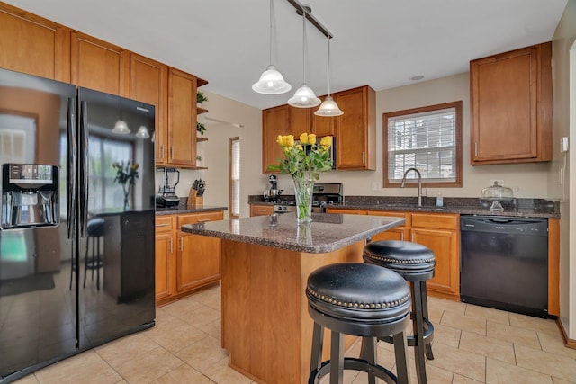 4218 Glenlo Dr, Plainfield, IL 60586 - kitchen featuring black appliances, open shelves, a center island, a kitchen bar, and brown cabinetry
