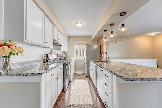 1558 Quaker Ln Unit 174D, Prospect Heights, IL 60070 - kitchen featuring stainless steel appliances, under cabinet range hood, white cabinetry, wood finished floors, and light stone countertops