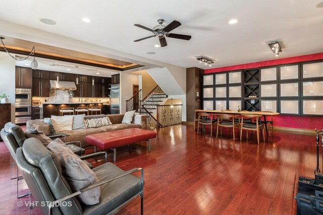 1867 Admiral Ct, Glenview, IL 60026 - living area with a ceiling fan, hardwood / wood-style flooring, stairway, and recessed lighting