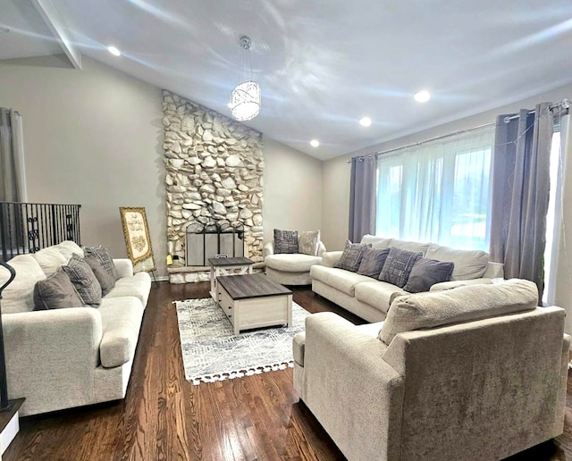 12416 W Prairie Dr, Homer Glen, IL 60491 - living area featuring vaulted ceiling, dark wood-style flooring, and recessed lighting