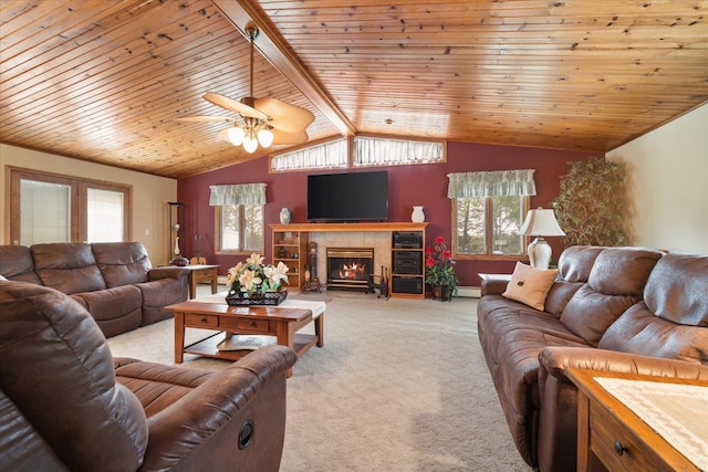13079 N 1800 E Rd, Pontiac, IL 61764 - living area with light colored carpet, a ceiling fan, healthy amount of natural light, vaulted ceiling, and wood ceiling