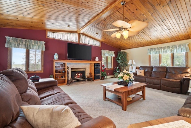 13079 N 1800 E Rd, Pontiac, IL 61764 - carpeted living room featuring plenty of natural light, wood ceiling, ceiling fan, and a tiled fireplace