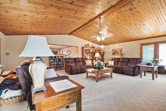 13079 N 1800 E Rd, Pontiac, IL 61764 - living area featuring carpet flooring, ceiling fan, and wooden ceiling