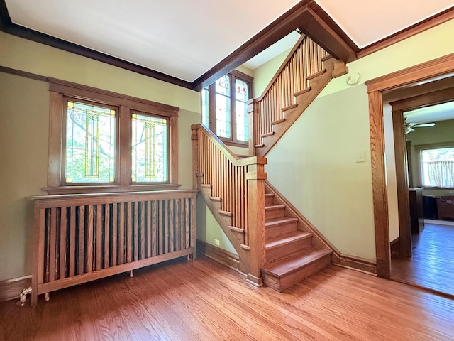 500 Fair Oaks Ave, Oak Park, IL 60302 - stairway with wood finished floors, radiator, and ornamental molding
