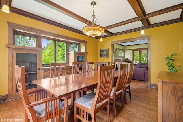 500 Fair Oaks Ave, Oak Park, IL 60302 - dining room with wood finished floors, coffered ceiling, and beam ceiling
