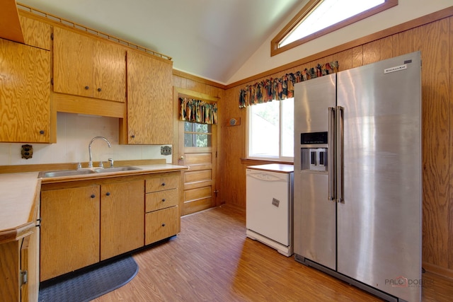 80 N Lake Ave, Third Lake, IL 60030 - kitchen featuring high quality fridge, lofted ceiling, light wood-style floors, light countertops, and dishwasher