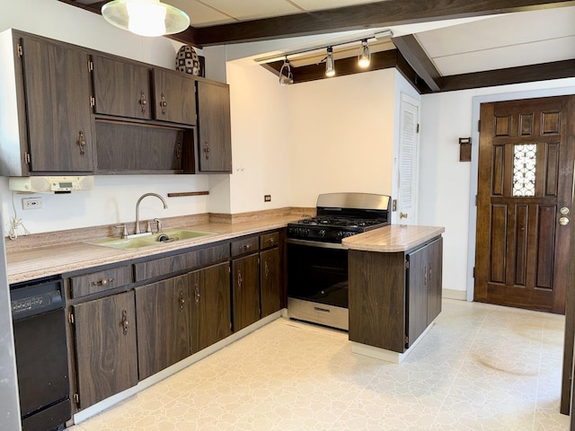 826 S E Ave, Oak Park, IL 60304 - kitchen with gas stove, dishwasher, dark brown cabinets, a peninsula, and beam ceiling