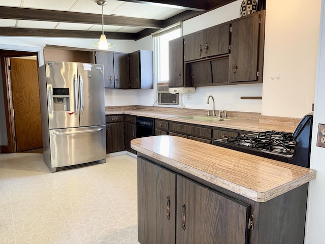 826 S E Ave, Oak Park, IL 60304 - kitchen featuring stainless steel refrigerator with ice dispenser, beam ceiling, dark brown cabinetry, light countertops, and dishwasher