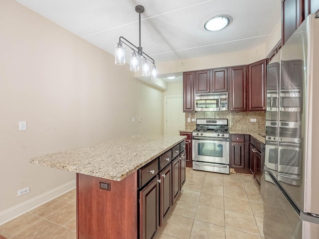 1670 Mill St Unit 208, Des Plaines, IL 60016 - kitchen featuring stainless steel appliances, backsplash, light tile patterned flooring, and a center island