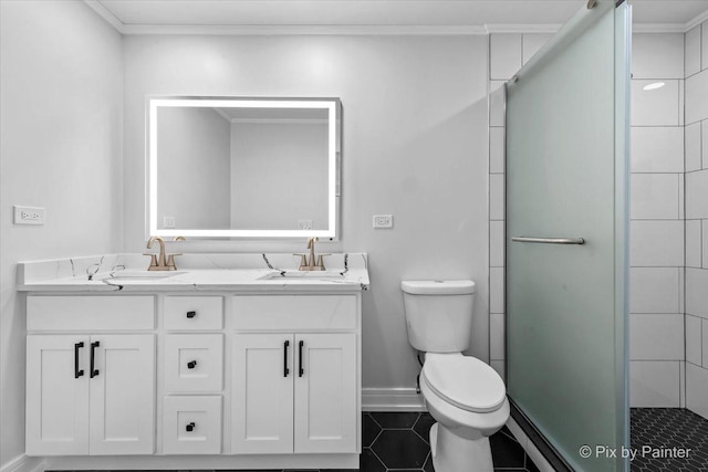 27W075 Fleming Dr, Winfield, IL 60190 - full bath with double vanity, a shower stall, tile patterned floors, and ornamental molding