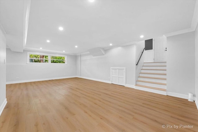 27W075 Fleming Dr, Winfield, IL 60190 - basement with stairs, light wood-style flooring, recessed lighting, and ornamental molding