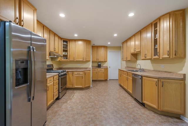 398 Clearmont Dr, Elk Grove Village, IL 60007 - kitchen with appliances with stainless steel finishes, under cabinet range hood, recessed lighting, glass insert cabinets, and light countertops