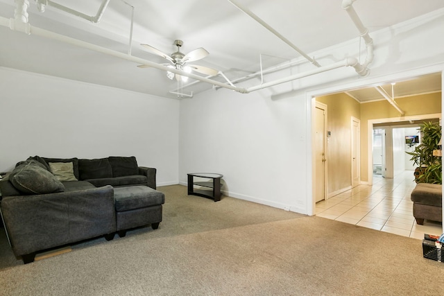 1360 E Madison Park Unit B, Chicago, IL 60615 - carpeted living room with a ceiling fan, tile patterned floors, and crown molding